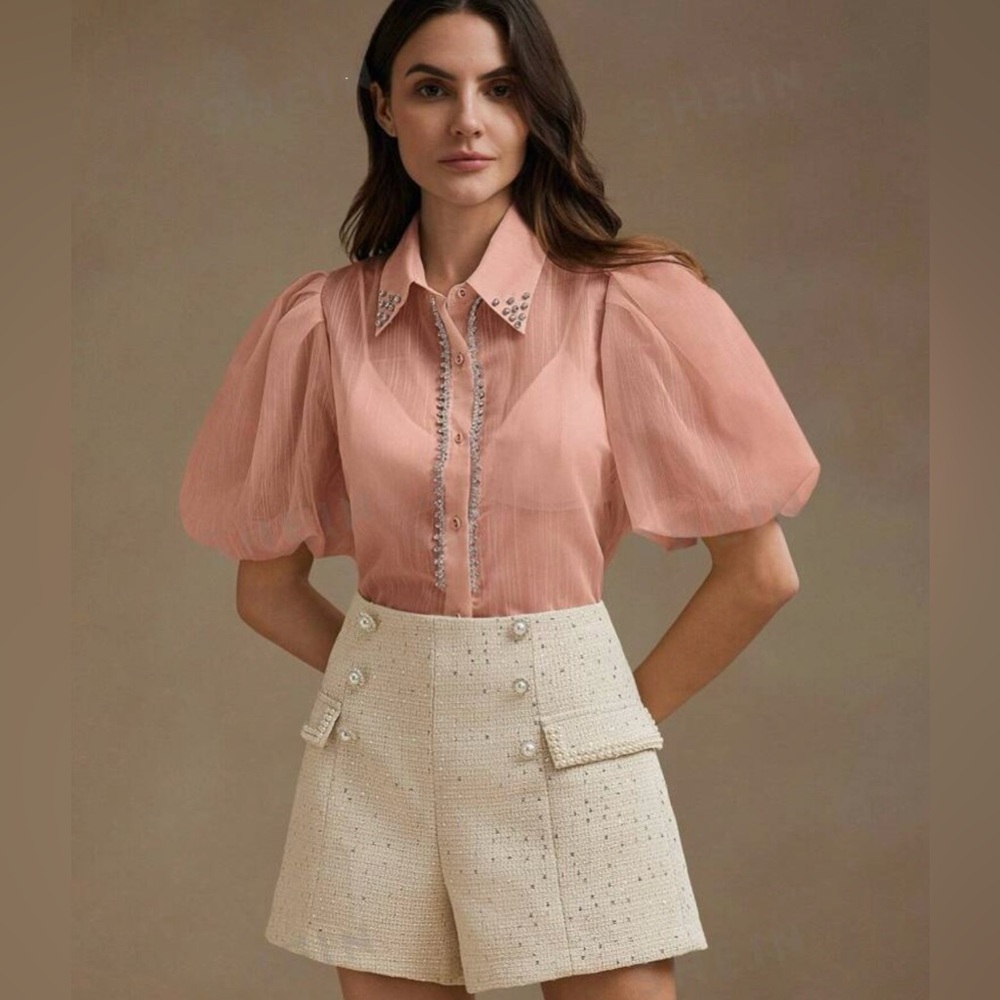 Elegant Pink Blouse with Embellished Collar
